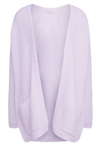 Jasnofioletowy kardigan z teksturowanym wzorem dzianiny, otwarty przód i dwie przednie kieszenie. Miękki, luźny kształt z długimi rękawami.