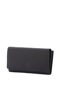 Portafoglio in pelle nera con una texture liscia, design pieghevole e logo impresso sul fronte. Presenta una forma rettangolare compatta.