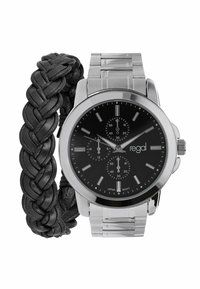 Silver stainless steel chronograph watch with black dial, features three sub-dials; accompanied by a braided black leather bracelet.