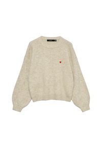 Maglione beige a maniche lunghe in maglia con polsini e orlo a coste, caratterizzato da un piccolo cuore rosso ricamato sul lato sinistro del petto.