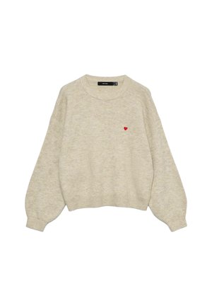Maglione beige a maniche lunghe in maglia con polsini e orlo a coste, caratterizzato da un piccolo cuore rosso ricamato sul lato sinistro del petto.