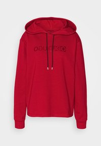 Sweat à capuche rouge à manches longues, avec un cordon de serrage noir et un logo en relief sur le devant. Fabriqué en coton doux.
