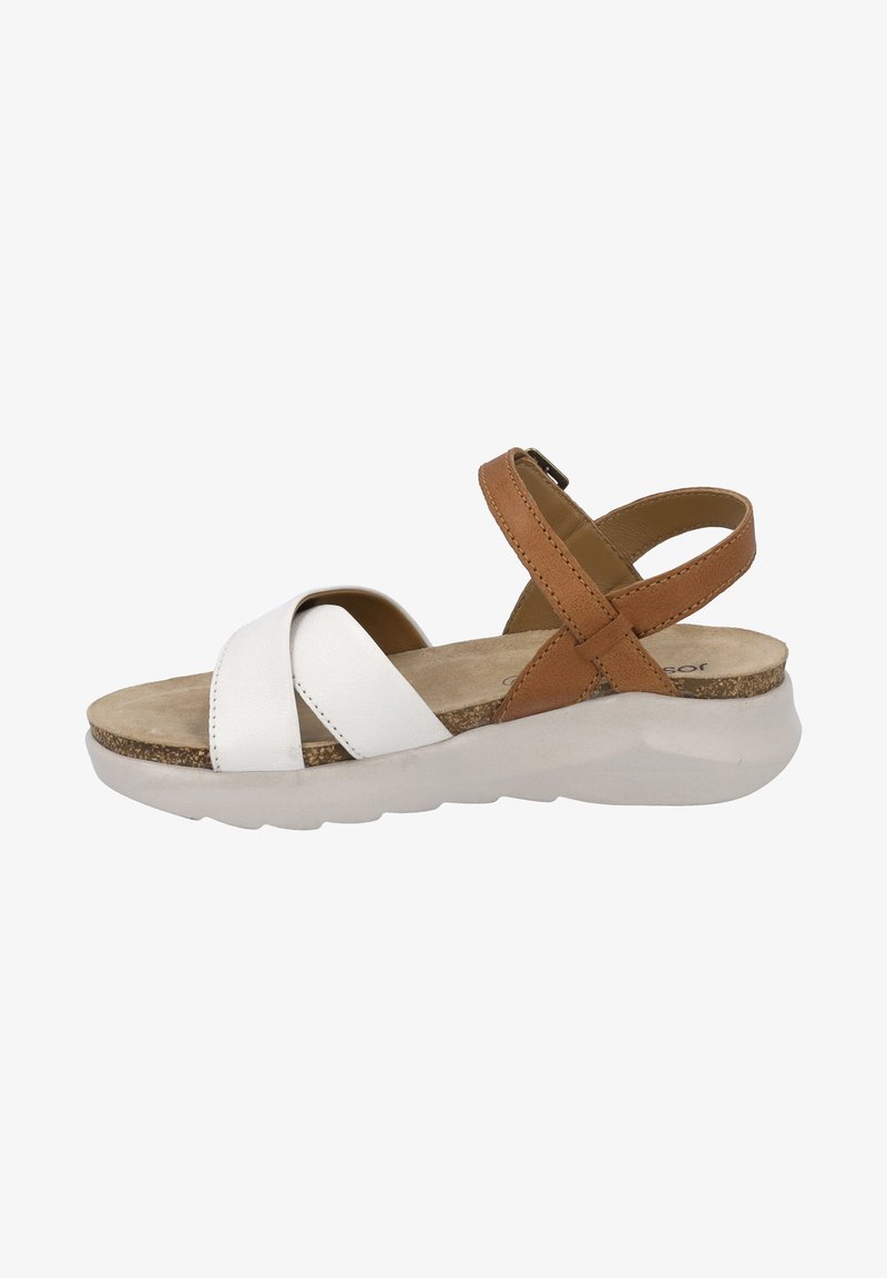 White and tan leather sandal with crisscross straps, cushioned insole, and a thick white outsole. Side view showcases adjustable buckle detail.