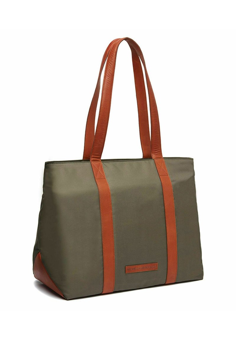 Borsa tote verde oliva con dettagli e manici in pelle marrone. Forma rettangolare con texture liscia e dettagli di cuciture a contrasto.