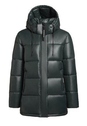 Dark green puffer jacket with a shiny finish, hood, and black drawstrings. Features sectioned padding and a front zipper closure.