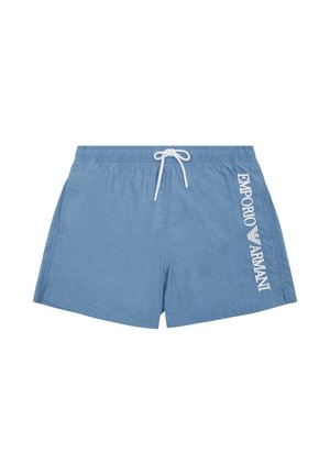 Light blue swim shorts made of fabric with a slightly crinkled texture. Features a white drawstring and "Emporio Armani" logo on the side.