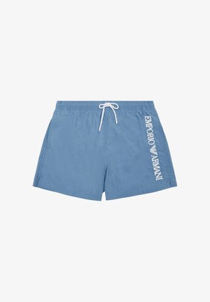 Light blue swim shorts made of fabric with a slightly crinkled texture. Features a white drawstring and "Emporio Armani" logo on the side.