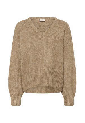 Bež kudumisega sviiter V-kaelusega, laia lõikega ning soonikute varrukate ja alumise äärtega. Tekstuur näeb välja pehme ja paks, sobib kihiliseks kandmiseks.