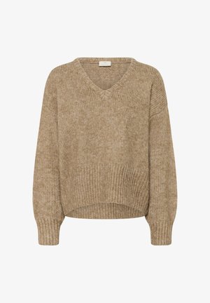 Bež kudumisega sviiter V-kaelusega, laia lõikega ning soonikute varrukate ja alumise äärtega. Tekstuur näeb välja pehme ja paks, sobib kihiliseks kandmiseks.