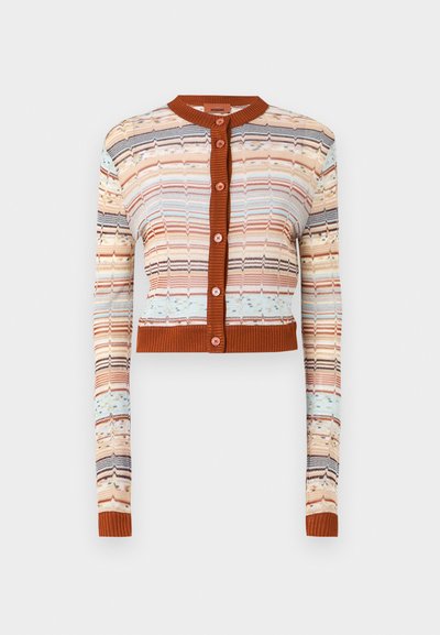 Crop cardigan with a multicolored wave pattern in shades of orange, blue, and cream. Features a ribbed brown collar and button closure.