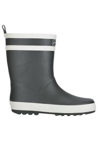 Botte de pluie noire en caoutchouc avec bande d'accent blanche autour du haut et de la semelle. Texture lisse, bout rond, motifs en relief sur la semelle extérieure.