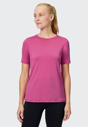 Eng anliegendes Kurzarm-T-Shirt in leuchtendem Pink, aus glattem, leichtem Stoff mit rundem Ausschnitt und subtilen Nahtdetails.