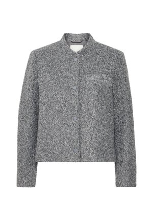 Gray textured button-up jacket with long sleeves and a round collar, featuring a soft, curly fabric pattern.