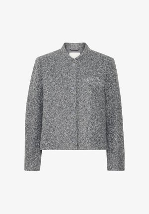 Grau strukturierte Hemdjacke mit langen Ärmeln und rundem Kragen, ausgestattet mit einem weichen, lockigen Stoffmuster.