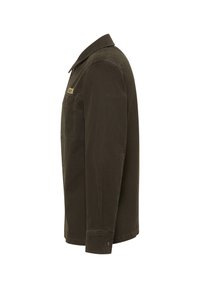 Camicia a maniche lunghe verde oliva, in cotone, con colletto a punta e una tasca sul petto con etichetta del marchio. Maniche lunghe con polsini abbottonati.