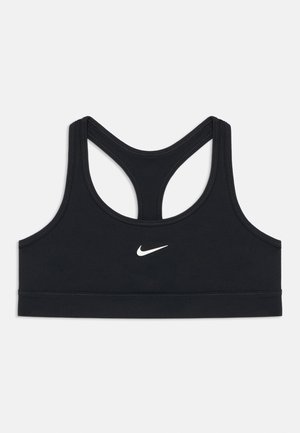 Czarny stanik sportowy z designem na plecach, wykonany z elastycznego materiału. Posiada białe logo Nike z przodu. Prosty i dopasowany kształt.