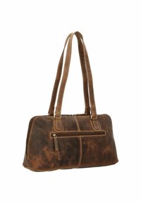 Borsa a tracolla in pelle marrone con due manici lunghi, scomparto principale con zip e tasca frontale. Presenta una texture sottile e loghi impresso.