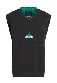 Haut sans manches noir avec un décolleté en V, featuring une bordure à motif vert et noir, logo Adidas en vert, et une bande horizontale verte.