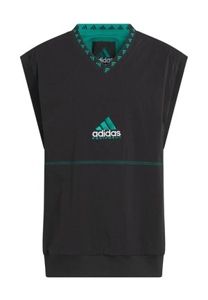 Sort ærmeløs top med v-udskæring, prydet med en grøn og sort mønstret kant, Adidas-logo i grøn og en vandret grøn stribe.