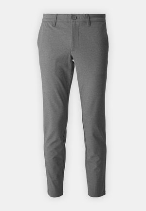 Gray trousers made of a smooth, textured fabric. Features a fitted design with a button closure and front pockets.
