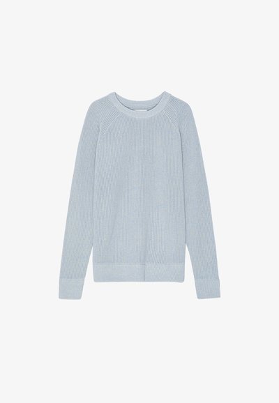 Maglione traspirante azzurro chiaro a maglia con maniche raglan, polsini e orlo a costine. Presenta un motivo testurizzato su tutta la superficie. Classico scollo rotondo.