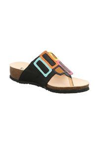 Black slide sandal with a cork sole, featuring a colorful geometric pattern on the upper in orange, pink, yellow, and blue accents.