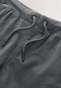 Shorts avec ceinture élastique grise dotée d'un cordon de serrage aux embouts noirs. Texture lisse et design simple, avec des détails de couture visibles.