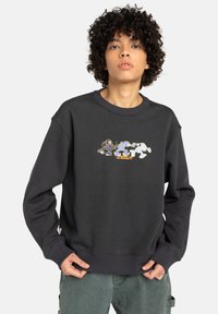 Donkergrijze sweatshirt van zacht materiaal, met een kleurraf cartoonafbeelding op de voorkant. Met ribgebreide randen en losse pasvorm.