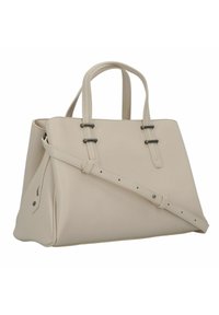 Borsa tote in pelle beige con manici doppi, tracolla removibile e dettagli in metallo argentato. Presenta una forma strutturata e una texture liscia.