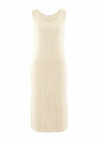 Beige ärmlös stickad klänning med rund halsringning och rak silhuett. Slät textur med subtila färgvariationer.