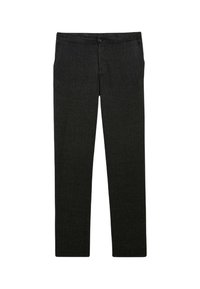 Pantalon noir en tissu texturé, avec une taille munie d'une fermeture à bouton et des poches avant. Modèle slim à jambe droite.