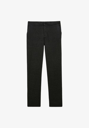 Pantalon noir en tissu texturé, avec une taille munie d'une fermeture à bouton et des poches avant. Modèle slim à jambe droite.