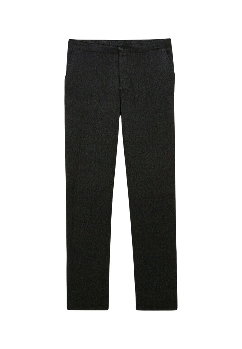 Pantalon noir en tissu texturé, avec une taille munie d'une fermeture à bouton et des poches avant. Modèle slim à jambe droite.