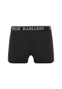 Schwarze Boxershorts mit glatter Textur, ausgestattet mit einem kontrastierenden elastischen Bund, der mit "FELIX HARDY" beschriftet ist. Keine sichtbaren Muster oder Designs.