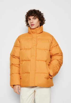 Ski jacket in oranje, met een hoge kraag, horizontale stiksels en een relaxte pasvorm. Het materiaal lijkt glad met een licht glanzende afwerking.