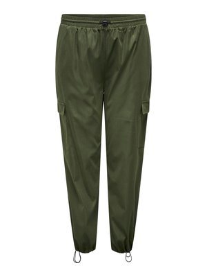 Grüne Cargo-Hose mit elastischem Bund, Kordelzug, Seitentaschen und elastischen Bündchen. Hergestellt aus leichtem, glattem Material.