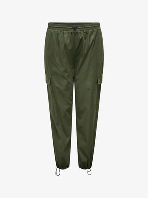 Žalios krovinių kelnės su elastiniu juosmeniu, šniūrelių užsegimu, šoninėmis kišenėmis ir elastiniais manžetais. Pagamintos iš lengvos, lygios medžiagos.