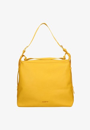 Geel leren handtas met een gestructureerde afwerking, enkele verstelbare schouderband en een bovenste ritssluiting. Opvallend door zijn eenvoudige, functionele ontwerp.