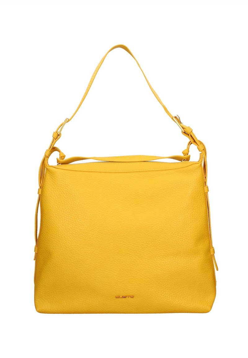 Sac en cuir jaune avec une finition texturée, une sangle unique réglable et une fermeture zippée sur le dessus. Remarquable pour son design simple et fonctionnel.