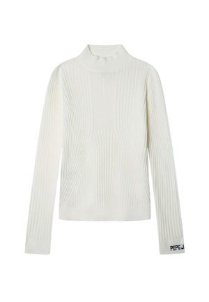 Hvid ribstrikket langærmet sweater med høj hals og lille "PEPE JEANS" tekst på venstre manchet.