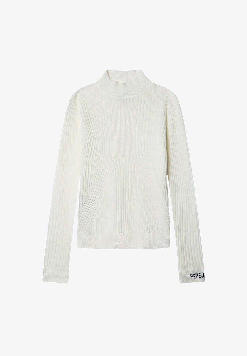 Pull blanc en maille côtelée à manches longues avec un col montant et un petit texte "PEPE JEANS" sur le poignet gauche.