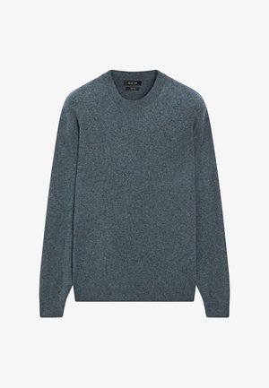 Maglione da uomo girocollo in tessuto lavorato a maglia blu scuro-grigio, caratterizzato da maniche lunghe e una vestibilità regolare. Nessun motivo o accento visibile.