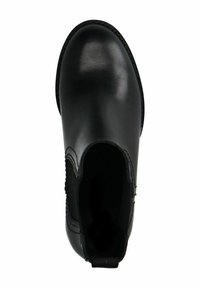 Bottine noire en cuir avec une texture lisse, panneaux élastiques sur les côtés et bout arrondi. Design minimaliste, sans éléments métalliques ni motifs visibles.