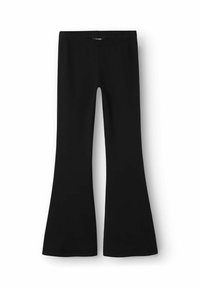 Schwarze ausgestellte Leggings aus glattem, elastischem Stoff, mit einem elastischen Bund und einem anliegenden oberen Teil, der sich zur Saumkante hin ausweitet.