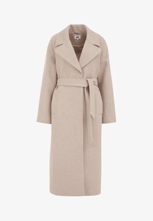 Hellebeiger Wollmischmantel mit Reverskragen, langen Ärmeln, tailliertem Schnitt und seitlichen Taschen; glatte Textur und knielanges Design.