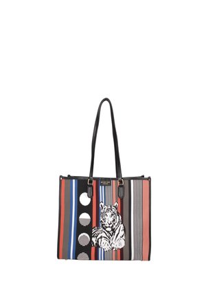 Tote taske med lodrette striber i brun, rød, blå, sort og hvid, med et sort-hvidt tigerdesign og sorte håndtag.