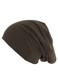 Căciulă moale, de culoare maro închis, cu pliuri delicate și o potrivire relaxată, prezentată pe un fundal alb simplu.