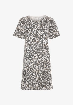 Abito a maniche corte in tessuto leggero, con una stampa leopardata grigia e crema. Collo rotondo con vestibilità comoda e senza hardware visibile.