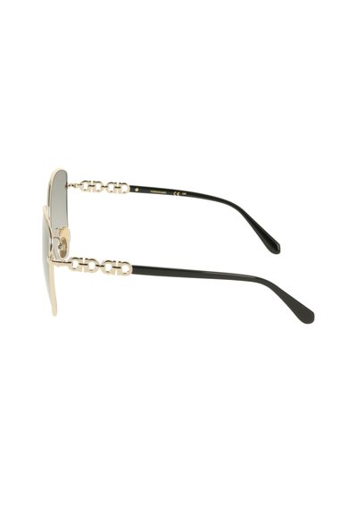Occhiali da sole con montatura dorata e aste nere con dettagli a catena dorata e naselli, fotografati di lato su sfondo bianco.