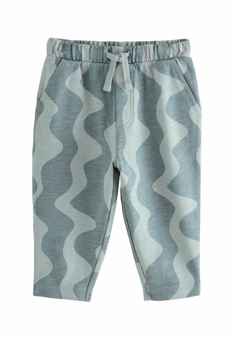 Helle blaue Baumwollhosen mit einem welligen weißen Muster, elastischem Bund und funktionalem Kordelzug. Mit Seitentaschen und weicher Textur.